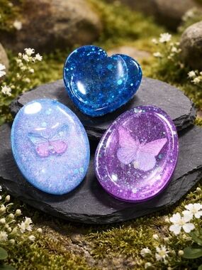 Sparkling Resin Art Butterfly Worry Stones Set Of 3 - Blue, Lavender, Purple